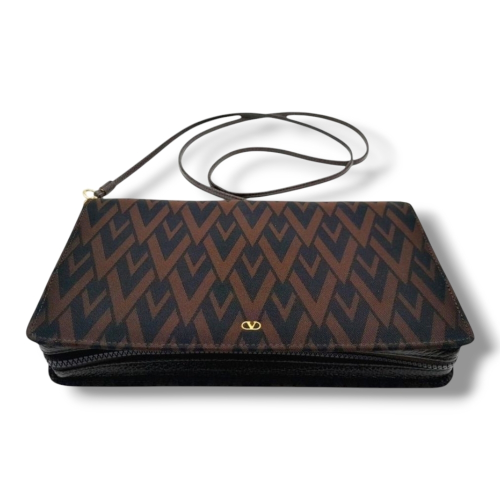 Valentino Garavani Brown Black V Monogram Crossbody Clutch WOC Gold Hardware - Picture 4 of 11